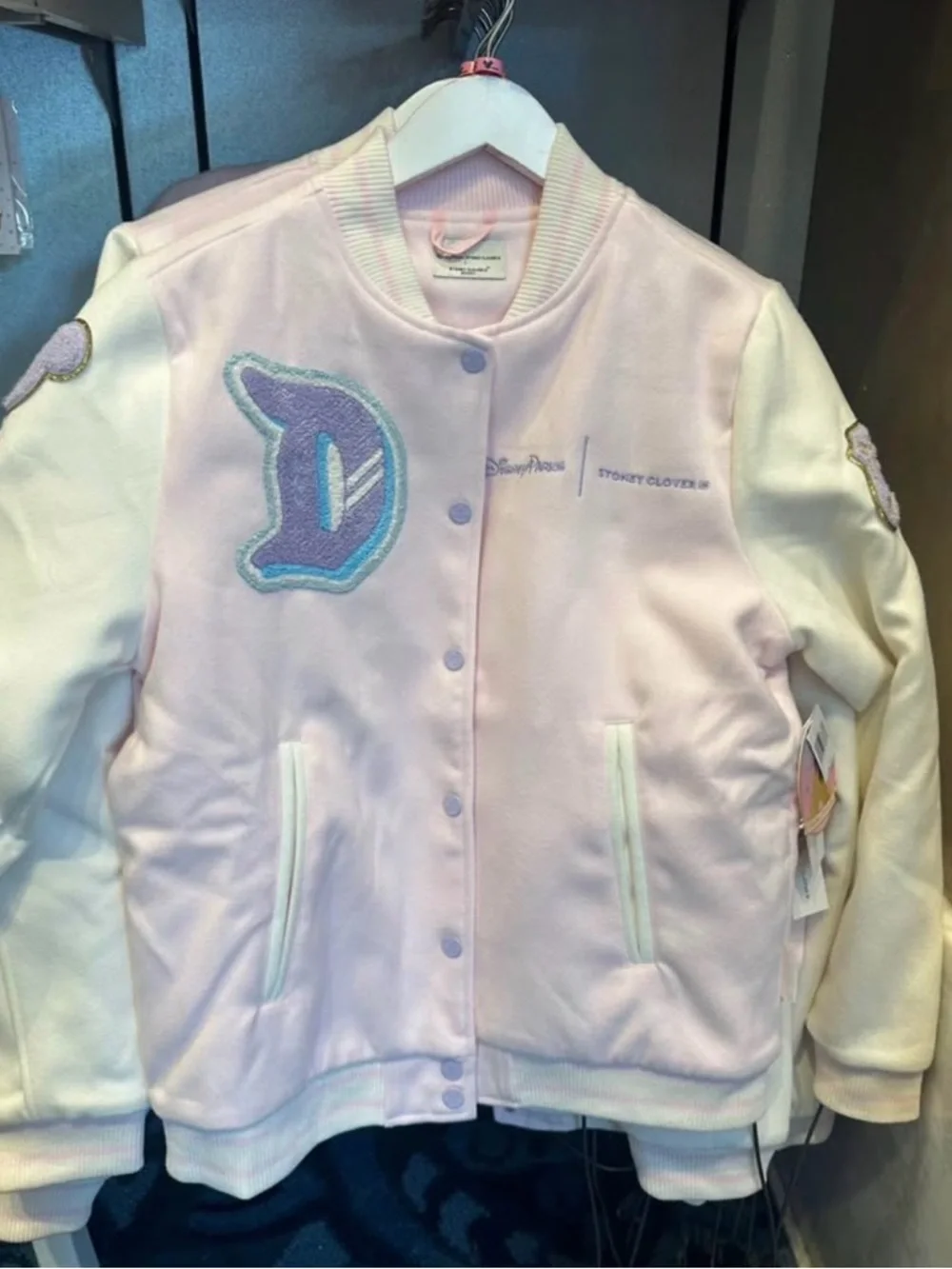 Stoney Clover Lane Pink & Cream Letterman Jacket with Mickey Patches - Picture 2 of 4